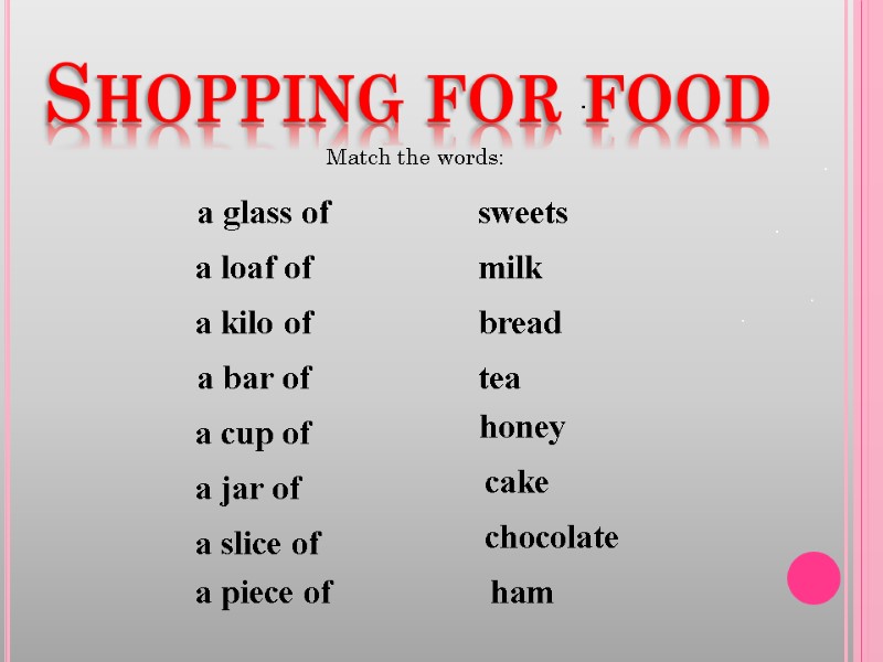 Shopping for food Match the words:  a glass of sweets   